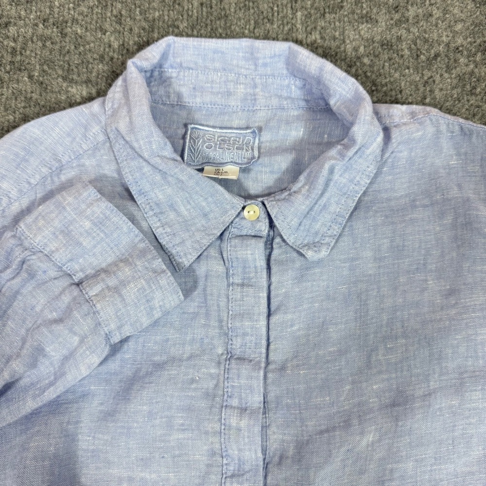 Sigrid Olsen Linen Tunic Shirt Coastal Grandma Women L Blue 100% Cotton EUC